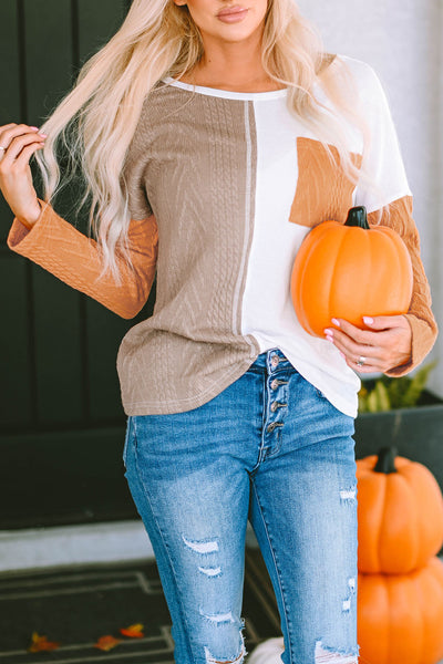 Women's Casual Orange Colorblock Knit Top with Long Sleeves and Chest Pocket - Trendy Textured Design for Everyday Style