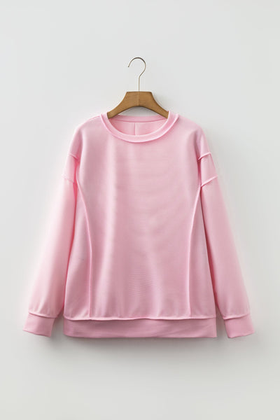 Women's Pink Ribbed Drop Shoulder Top with Exposed Seams