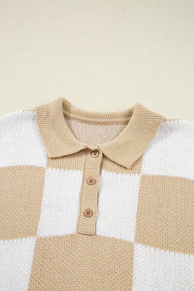 Women's Stylish Light Beige Checkered Polo Sweater - Loose Fit Knit for Effortless Casual Chic Comfort