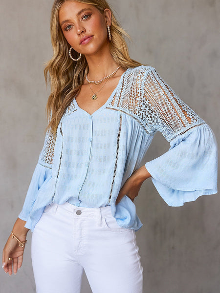 Whimsical Sky Blue Crochet Bell Sleeve Blouse