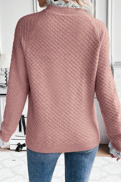 Fuchsia Lace Frill Trim Raglan Sleeve Sweater for Women - Chic & Comfortable Casual Style for Effortless Everyday Wear