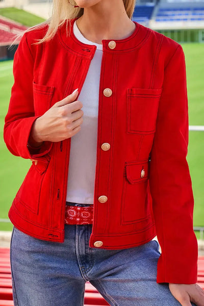 Chic Women's Fiery Red Tailored Jacket with Patched Pockets and Gold Buttons - Stylish Outerwear for Every Occasion