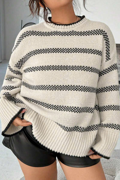 Cozy Plus Size Apricot Stripe Sweater for Women Stylish Crew Neck with Wide Sleeves & Drop Shoulders
