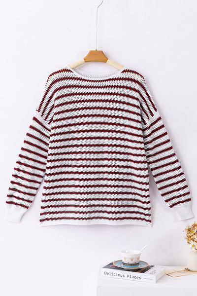 Women's Red Striped Knit Crewneck Sweater with Split Hem