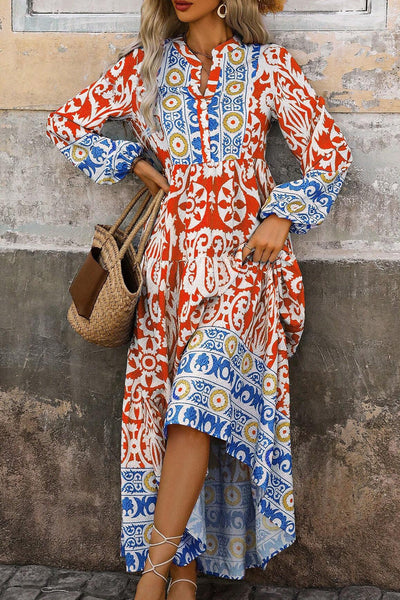 Women's Flowy Orange Boho Maxi Dress with Geometric Print and Long Sleeves for Effortless Style and Comfort