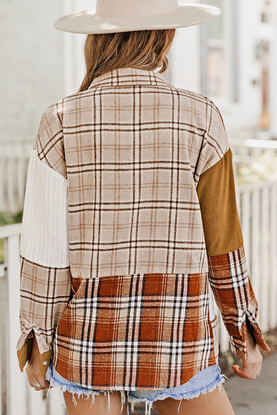 Women's Casual Orange Plaid Color Block Shirt Jacket with Pocket - Versatile Layering Piece for All Seasons