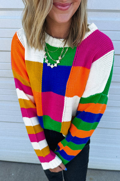 Cozy Women's Orange Checkered Color Block Sweater - Loose Fit Round Neck Knit Top for Effortless Casual Chic
