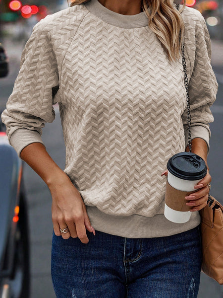 Cozy Beige Quilted Texture Pullover with Raglan Sleeves