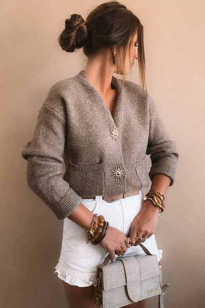 Stylish Women's Taupe V-Neck Cardigan Sweater with Metal Buttons - Comfortable Loose Fit for Every Occasion