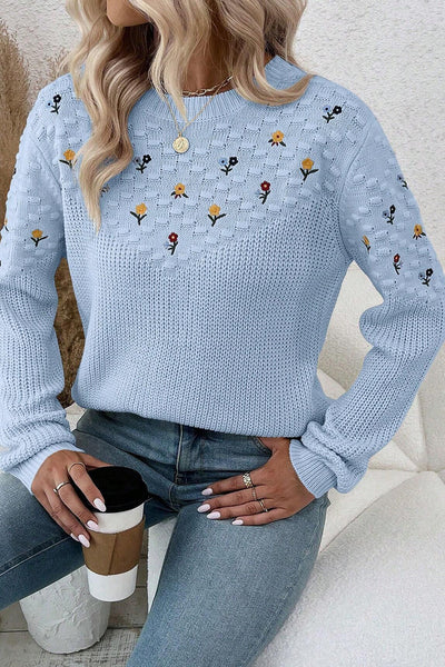 Women's Beau Blue Casual Sweater - Stylish Mixed Texture with Flower Embroidery for Comfortable Everyday Wear