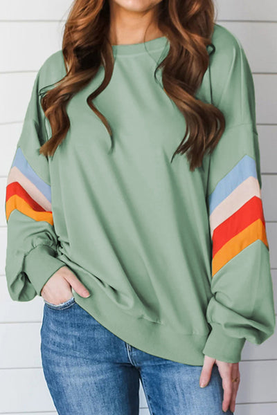 Cozy Women's Moonlight Jade Loose Fit Crew Neck Sweatshirt with Rainbow Stripes - Perfect for Everyday Casual Style