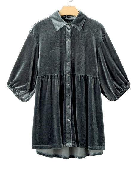 Velvety Dark Grey Babydoll Tunic with 3/4 Sleeves