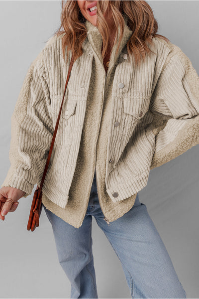 Stylish Women's Parchment Corduroy Sherpa Jacket with Stand Collar and Trendy Patchwork Design for Cozy Comfort