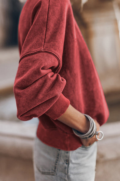 Women's Cozy Red Dahlia Drop Shoulder Crew Neck Sweatshirt - Casual Pullover for Effortless Style and Comfort