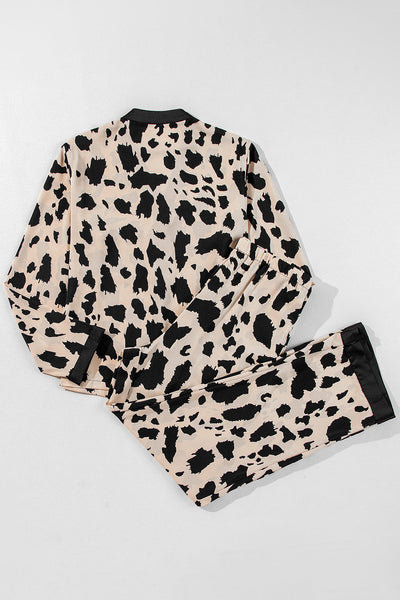 Women's Loose Fit Khaki Cheetah Print Two-Piece Sleepwear Set with Contrast Trim for Cozy Nights