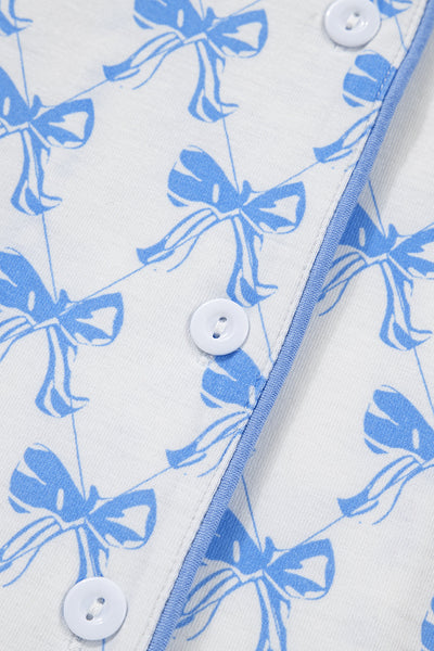 Soft Sky Blue Bow Print Long Sleeve Pajama Set for Women - Cozy Sleepwear Top and Bottom for Ultimate Comfort