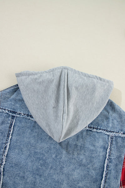 Women's Casual Beau Blue Plaid Denim Jacket with Hood and Raw Hem - Trendy Patchwork Style for Everyday Wear