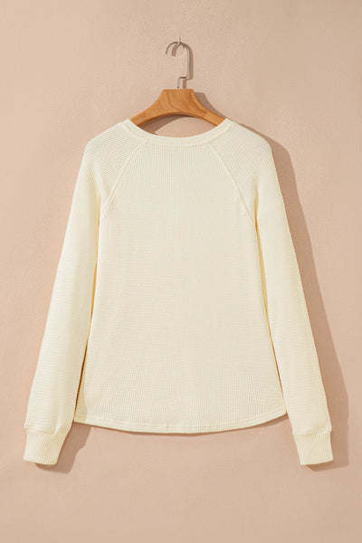 Soft Beige Textured Knit Long Sleeve Top for Women Cozy Casual Layering Essential for Every Season