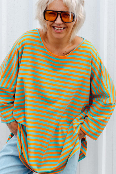 Trendy Plus Size Women's Orange Striped Oversized Drop Shoulder Top with Round Neck for Ultimate Comfort and Style