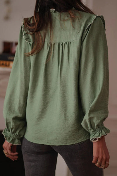 Chic Women's Green Bay Ruffle Trim Long Sleeve Loose Fit Shirt - Stylish Casual Top for Effortless Everyday Elegance