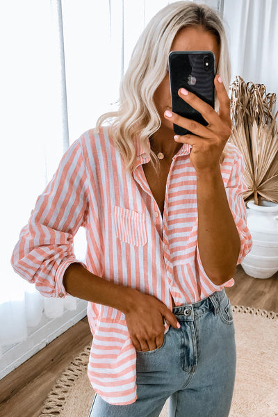 Women's Casual Long Sleeve Pink Striped Button-Up Shirt - Stylish Everyday Top for Effortless Outfits
