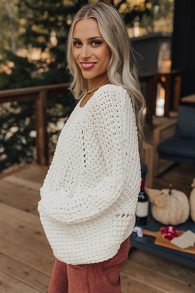Women's White Cotton-Blend Wide Sleeve Crochet Pullover