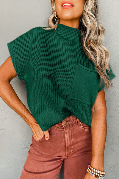 Women's Casual Blackish Green Ribbed Knit Sweater with Patch Pockets - Stylish Short Sleeve Top for Everyday Comfort