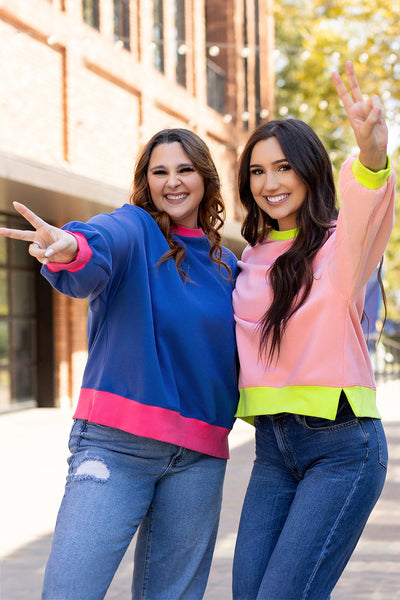 Trendy Women's Pink Colorblock Bubble Sleeve Sweatshirt - Cozy Casual Top for Effortless Everyday Style