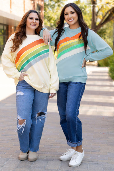 Cozy Women's Beau Blue Rainbow Colorblock Striped Pullover Sweatshirt for Casual Chic Style and Comfort