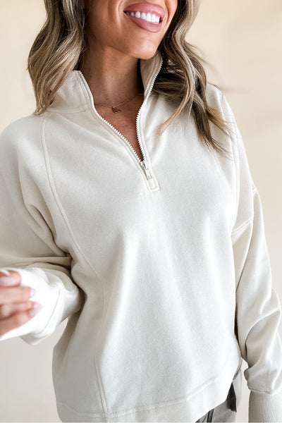 Cozy Women's White Zipped Neck Pullover Sweatshirt with Drop Shoulders - Effortless Casual Style for Everyday Comfort