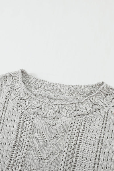Women's Elegant Gray Crochet Lace Sweater - Cozy Long Sleeve Knit Top for Chic Fall Style and Comfort