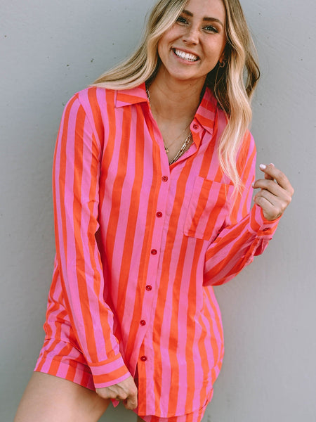 Orange Stripe Print Shirt and Shorts Lounge Set