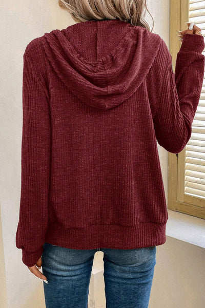 Women's Red Dahlia Ribbed Zip-Up Hoodie with Drawstring - Stylish and Comfortable Casual Wear for Everyday Fashion