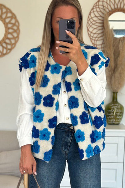 Chic Women's Sky Blue Plush Open Front Vest with Floral Details - Perfect Layering Essential for Trendy Outfits