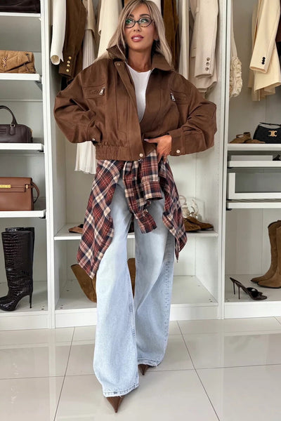 Cozy Mineral Red Plaid Boyfriend Shacket for Women Stylish Flannel Overshirt with Chest Pocket for Casual Layering