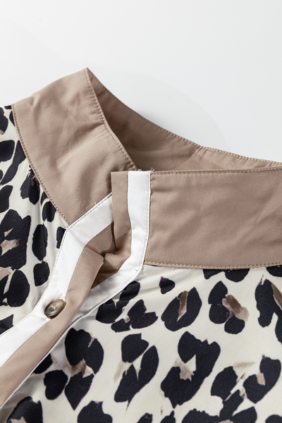 Women's Leopard Print Henley Blouse with Contrast Tan Trim