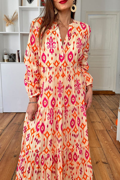 Stylish Women's Orange Geometric Print Maxi Dress - Flattering Western-Inspired Summer Outfit for Effortless Elegance