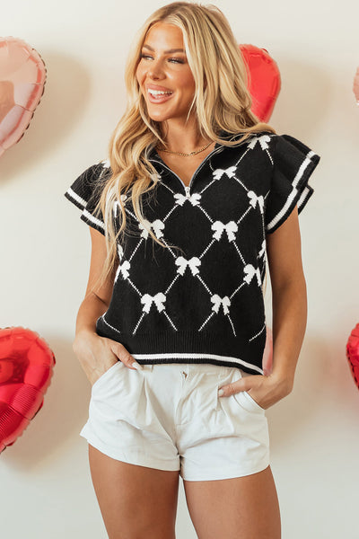 Women's Cozy Black Preppy Bow Print Zipped Collar Sweater Tee - Trendy Fit for Casual or Chic Looks