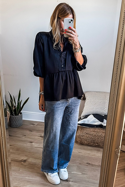 Women's Black Satin Peplum Blouse with Lace Insert Neckline and 3/4 Sleeves Elegant Casual Top for Any Occasion