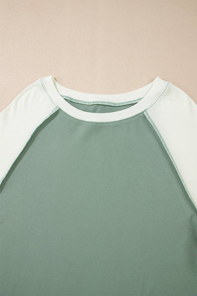 Women's Mint Green Ribbed Colorblock Long Sleeve Top - Trendy Casual Style with Relaxed Fit and Cozy Comfort