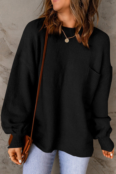 Cozy Women's Chic Black Puffy Sleeve Sweater with Pockets - Stylish, Versatile Fashion for All Seasons