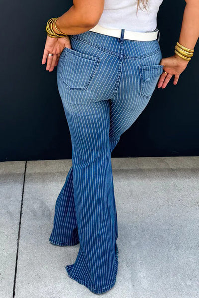 Trendy Women's Sky Blue Striped High-Waisted Flared Jeans with Raw Hem & Split Leg Design for a Chic Look