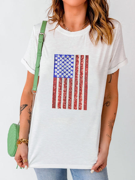 Shimmering White American Flag Print T-Shirt