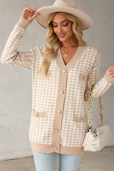 Chic Women's Slim Fit Khaki Cardigan with Contrast Edges, Metal Buttons, and Functional Pockets for Effortless Style