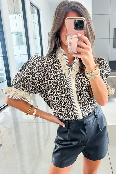 Women's Black Leopard Print Ruffled V-Neck Blouse with Color Block Trim - Stylish Short Sleeve Top for Casual Wear