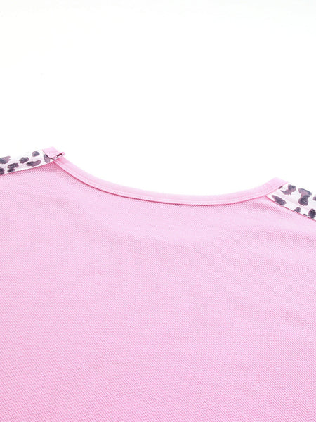Pink Leopard Patchwork Plus Size Sweatshirt with Exposed Seams