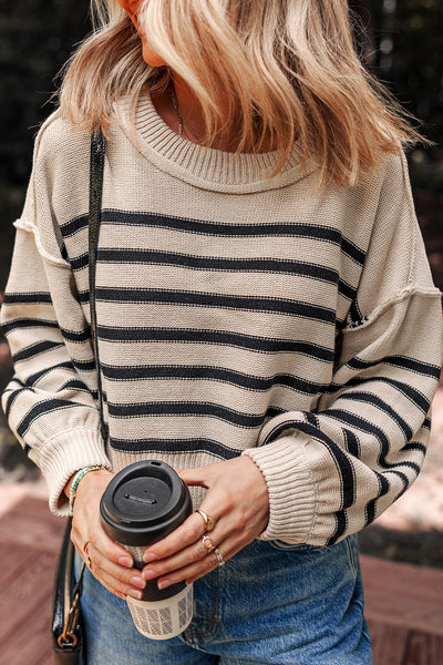 Cozy Women's Black Striped Puff Sleeve Sweater with Drop Shoulders - Trendy Ribbed Knitwear for Fall Fashion