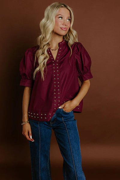 burgundy puff sleeve blouse for women chic v-neck top with rivet details for effortless style and comfort with practical styling and dependable