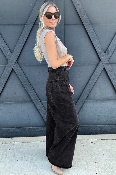 chic women's dark grey pleated wide leg denim pants with mineral wash - easy and wearable for everyday fashion made for easy styling and wardrobe with