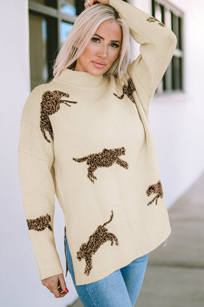 Trendy Women's Parchment Cheetah Print High Neck Sweater with Split Hem - Stylish Casual Knit for Everyday Wear